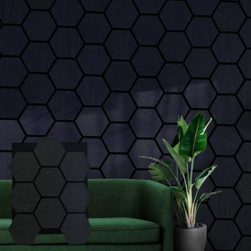 Pack Of x4 Wooden Acoustic Wall Hexagon Panels 700mm x 570mm Dark Grey
